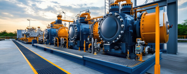 A row of large gas compressor units at an industrial facility, part of power plant infrastructure under a cloudy sky.