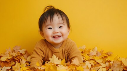 A happy baby girl in a yellow sweater surrounded by autumn leaves.