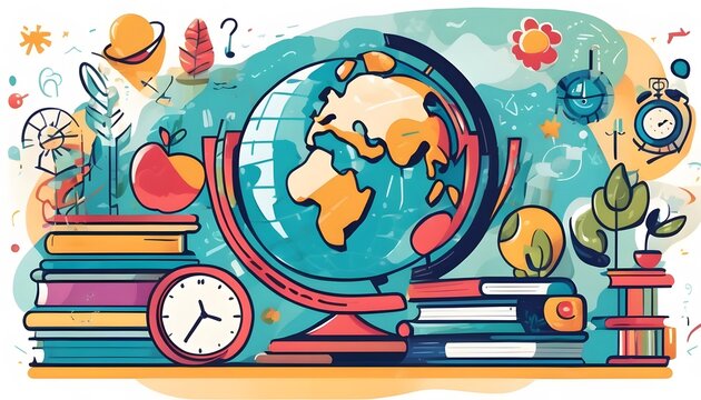 Global Education and Learning Concept - Illustrated Books, Globe, and Creative Elements