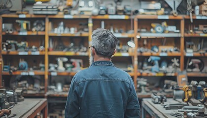 Fototapeta premium Man inspecting tools on shelf.