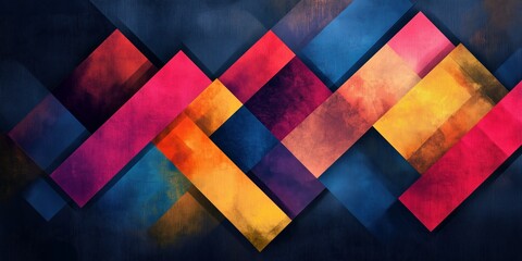 Vibrant and colorful abstract digital artwork featuring overlapping geometric shapes with bold gradients