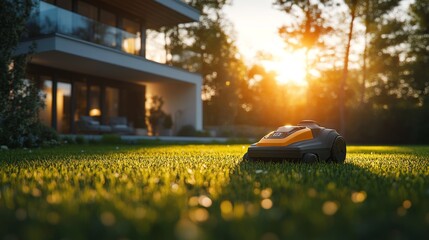 Gasoline mower resting on a lush lawn near a modern house, with a vibrant sunset casting long shadows, Futuristic, Cool tones, 3D render, Cinematic lighting