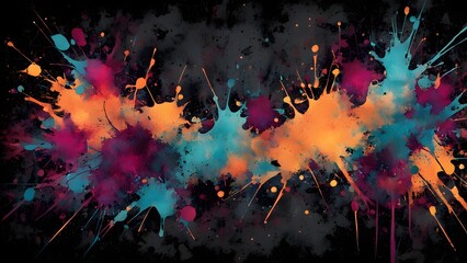 Fototapeta premium Abstract digital art with colorful paint splatters on a black background.
