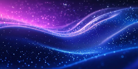 Glowing digital wave of blue and purple dots flowing in a wave-like pattern, ideal for technology, digital art, and futuristic design concepts.