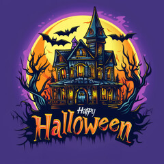 Haunted House with Full Moon and Bats - Halloween