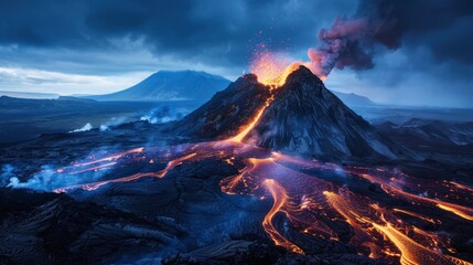 Volcano Eruption at Night
