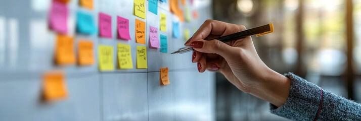 Woman's Hand Writing On Sticky Notes On A Whiteboard