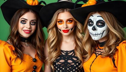 Obraz premium Three Witches in Halloween Costumes