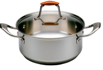 A shiny stainless steel cooking pot with a transparent lid and ergonomic handles, ideal for modern kitchen use.