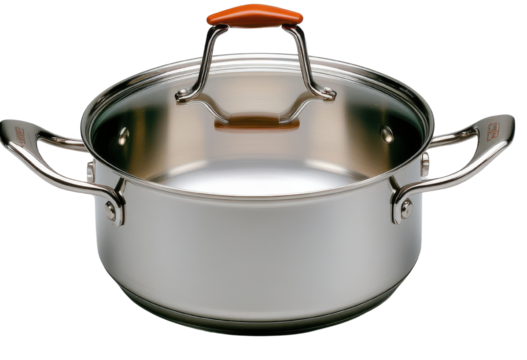 A shiny stainless steel cooking pot with a transparent lid and ergonomic handles, ideal for modern kitchen use.