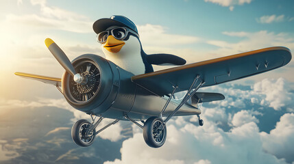 Whimsical 3D rendering of a cheerful penguin pilot flying a vintage aircraft through the clouds at sunset.
