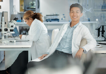 Smile, science and portrait of man in laboratory for healthcare, medical and research breakthrough....
