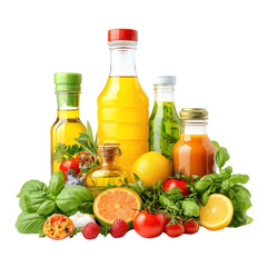 Assorted bottles of colorful juices and fresh herbs, showcasing vibrant fruits and vegetables, perfect for healthy recipes.