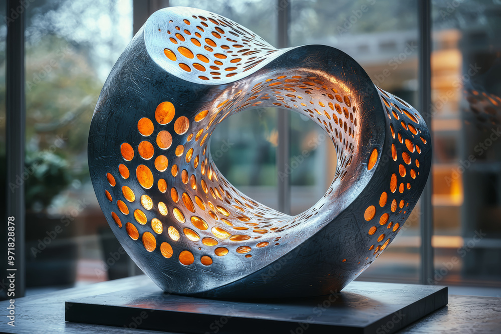 Poster an abstract sculpture with shifting patterns and lights that change as you move around it. concept o