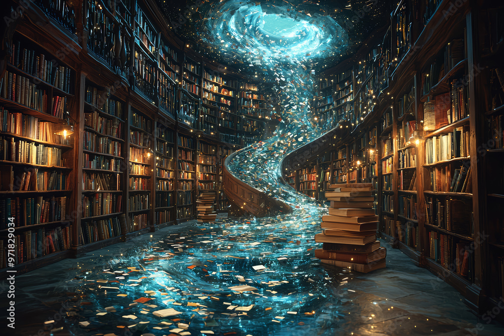 Poster a vast library with floating books and swirling words, illustrating the endless flow of knowledge an