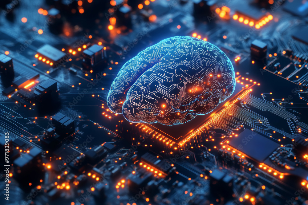 Poster brainpower on a chip: a mesmerizing abstract concept image depicts a digital brain on a circuit boar