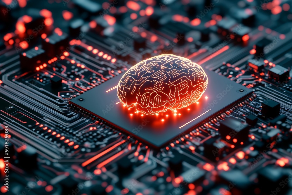 Poster brainpower: a digital rendering of a human brain integrated into a computer circuit board, symbolizi