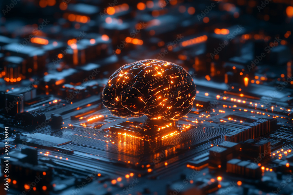 Poster digital brain: a glowing, futuristic brain rests on a dense circuit board, symbolizing the merging o