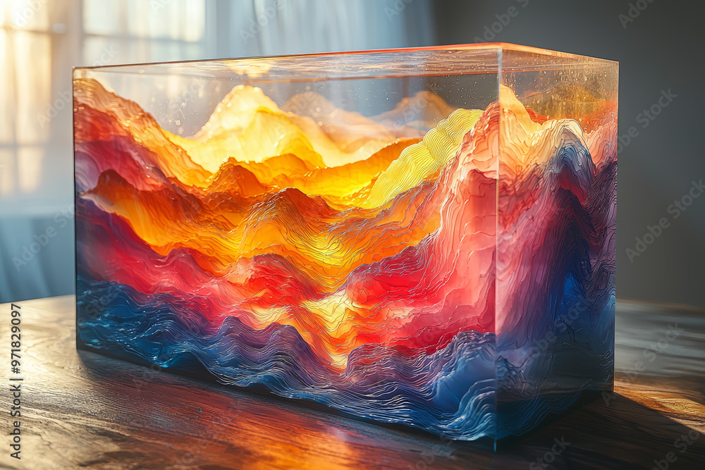 Poster a transparent glass box with layers of colored liquid representing different data sets that mix and 