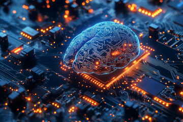 Brainpower on a Chip: A mesmerizing abstract concept image depicts a digital brain on a circuit board, symbolizing the intersection of technology and human intelligence. The image evokes thoughts of a