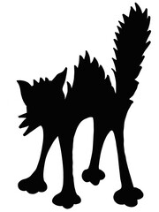 silhouette of scared curled cat in linear shape, black and white