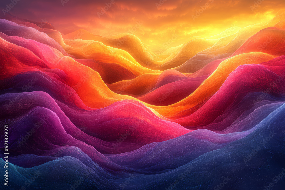 Poster a surreal landscape with waves of color undulating in a rhythmic pattern, inducing a trance-like sta