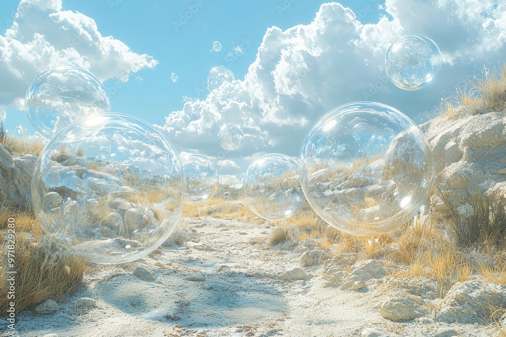 Aufkleber a surreal landscape where thought bubbles float above, containing abstract concepts and innovative i