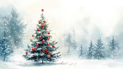 Festive watercolor Christmas tree with red ornaments in snowy scene