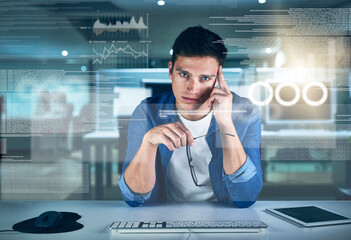 Thinking, programmer and man in office, night and overlay of interface, keyboard and software. Dark, dashboard and coder for agency, information technology and ideas for programming of data in web