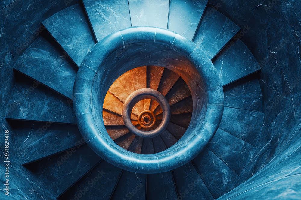 Poster a spiral staircase disappearing into an infinite void, creating a sense of endless descent. concept 