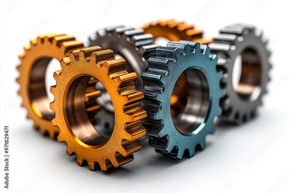 Poster a set of interlocking gears with each gear displaying a different creative or intellectual concept, 