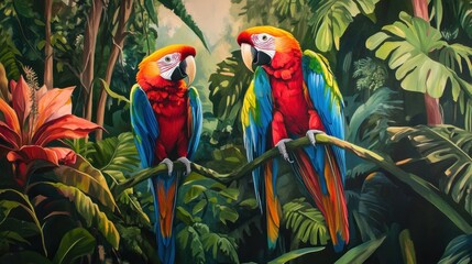 Two Macaws in Lush Rainforest