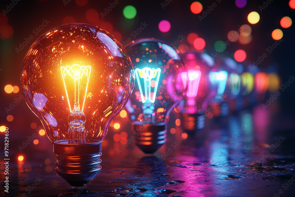 Poster a series of interconnected light bulbs illuminating with different colors, representing flashes of i
