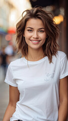 Confident Young Woman Smiling in Stylish T-Shirt
