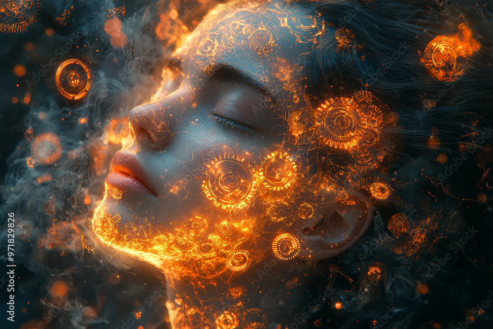 Poster a person surrounded by floating, glowing gears and cogs, illustrating the inner workings of an inven