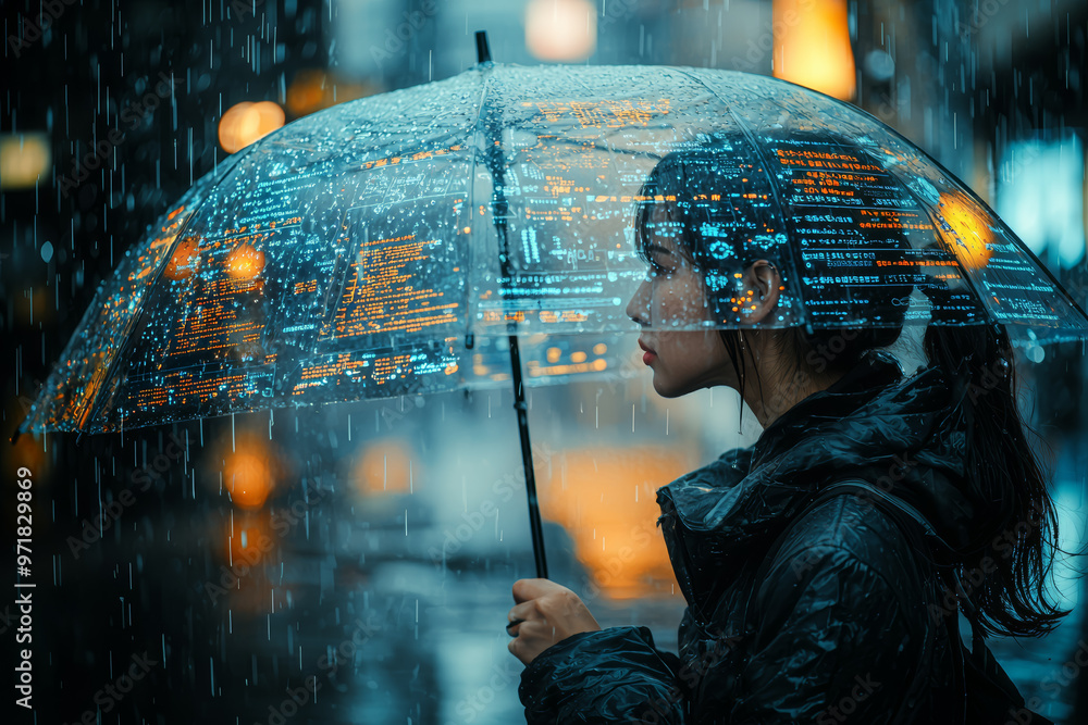Poster a person holding a translucent umbrella where raindrops are labeled with various pieces of informati