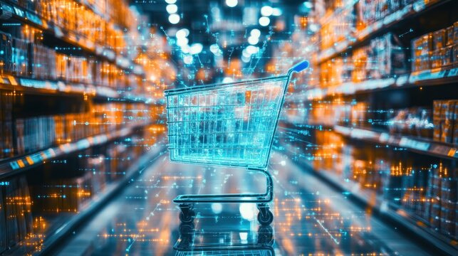 Digital Shopping Cart in a Supermarket Aisle