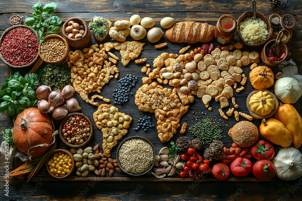 Poster a map of the world made out of different types of food items, with each food item representing a spe