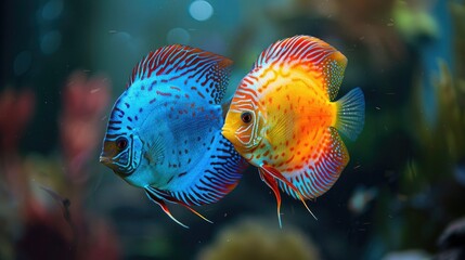 Obraz premium Two colorful fish swim in an aquarium. Perfect for websites or publications about fish and aquariums.