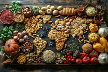 A map of the world made out of different types of food items, with each food item representing a specific statistical fact. Concept of culinary and geographical data representation.