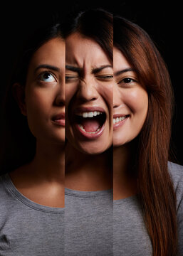Woman, bipolar and face with split personality for mental illness or disorder in studio on a black background. Female person, psychosis or paranoid model with mixed feelings, expressions or emotions