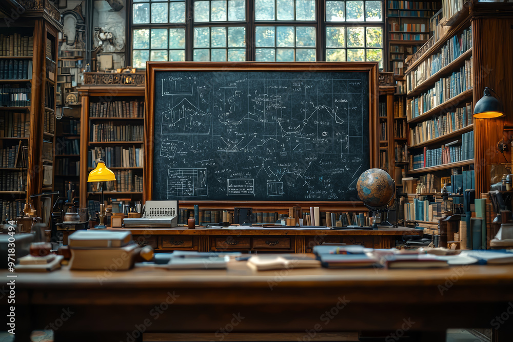 Aufkleber a giant chalkboard where various pieces of data are written and then erased to reveal new informatio
