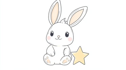 A cute cartoon bunny sitting next to a yellow star.