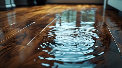 Close-up of warped hardwood floors, water pooling on the surface, splashes creating ripples, detailed texture of water damage, insurance claim concept, Photorealistic, HDR
