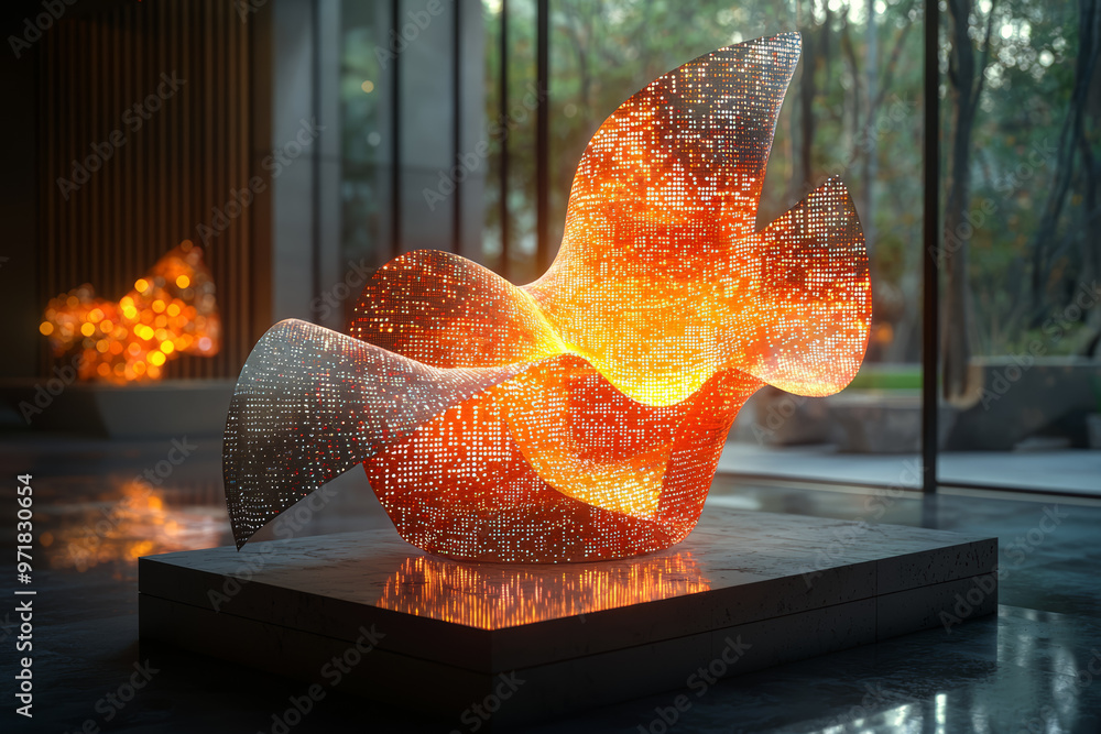 Poster a floating, illuminated sculpture with different data points arranged around it, casting shadows tha