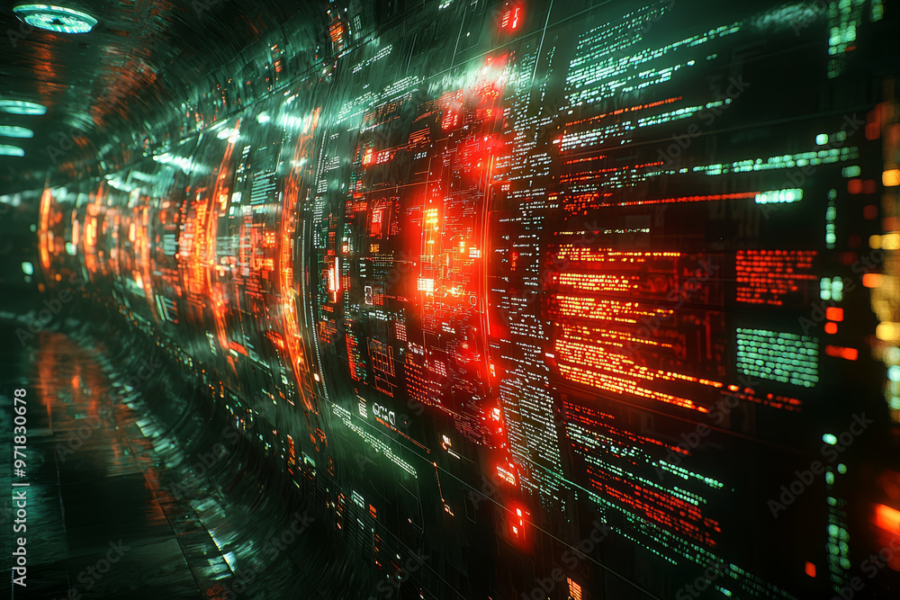 Poster a futuristic digital screen displaying a symphony of ideas and innovations in dynamic, flowing patte