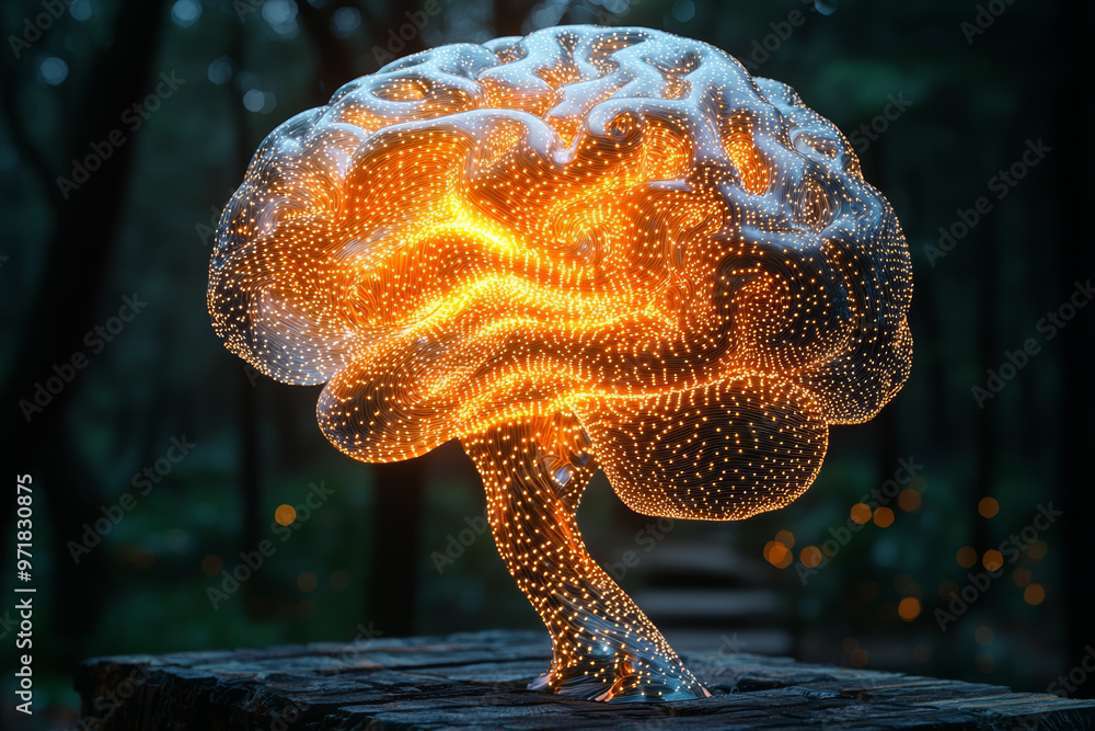 Poster a detailed brain sculpture with intricate patterns and lights, symbolizing the beauty of complex neu