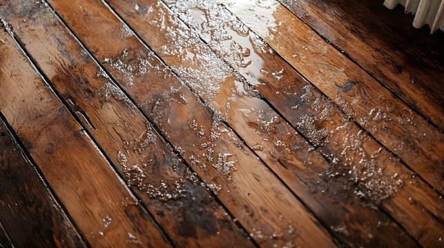 Detailed view of water damage on wooden floors, water pooling between floorboards, damp wood texture, aftermath of a flood with signs of decay