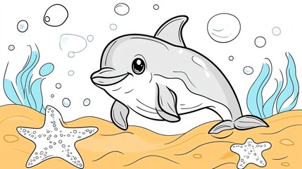 A black and white drawing of a cute cartoon dolphin swimming.