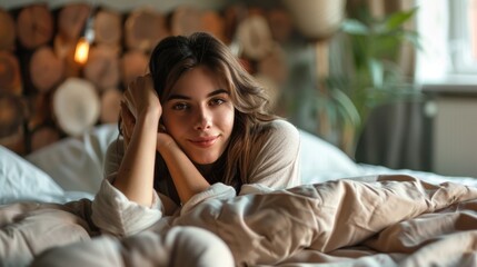 Fototapeta premium beautiful woman smiling at the camera lying in her bed